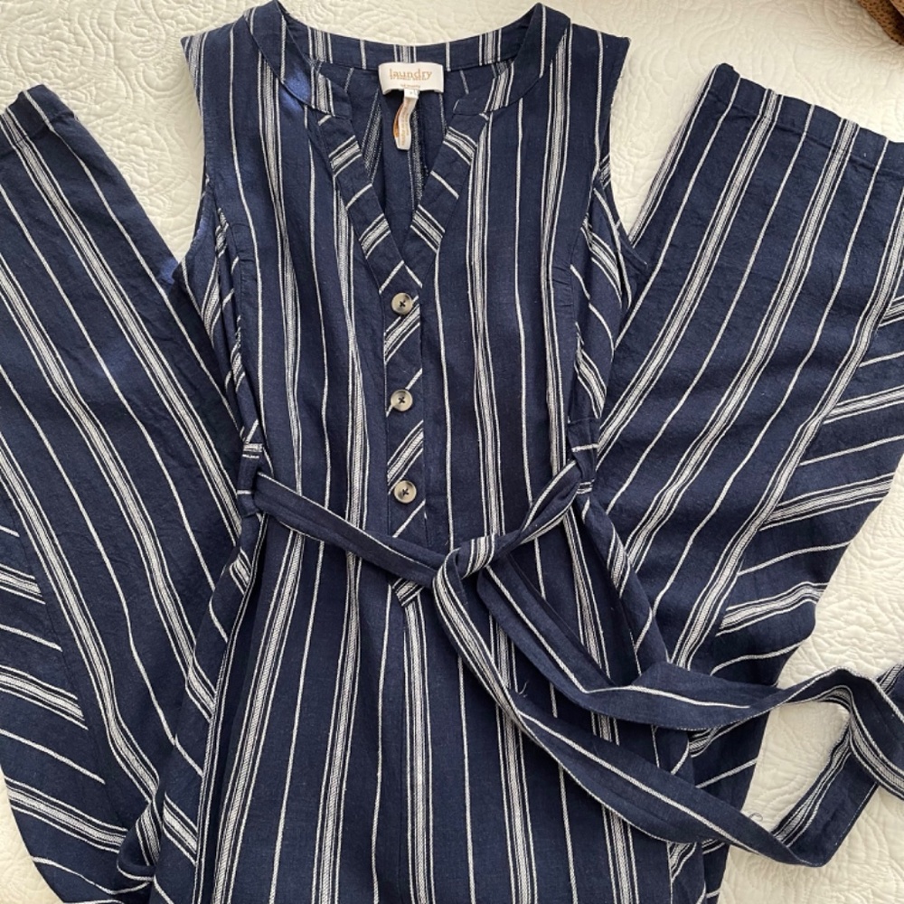 Laundry by Shelli Segal Jumpsuit Linen Blend Blue Striped Size 2 - Picture 4 of 11